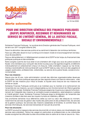 Alerte solennelle pour une Direction générale des Finances Publiques (DGFiP) renforcée, reconnue et réhumanisée au service  de l’intérêt général, de la justice fiscale, sociale et environnementale !